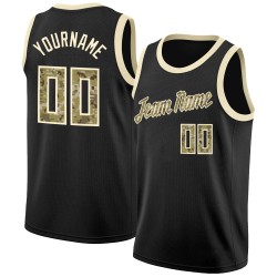 Custom Jersey Black Rib-Knit Camo-Cream Round Neck Basketball