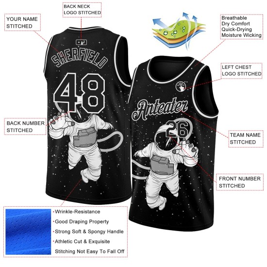 Black Authentic Jersey 3D White Custom Basketball Pattern Astronaut Design Black Authentic Jersey 3D White Custom Basketball Pattern Astronaut Design