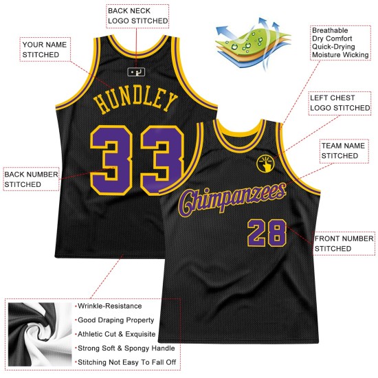 Throwback Jersey Black Authentic Purple-Gold Basketball Custom Throwback Jersey Black Authentic Purple-Gold Basketball Custom
