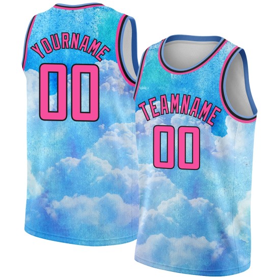 Custom 3D Pink-Black Jersey Sky Pattern Style Sky With Clouds Basketball Authentic Design Watercolor Blue Custom 3D Pink-Black Jersey Sky Pattern Style Sky With Clouds Basketball Authentic Design Watercolor Blue