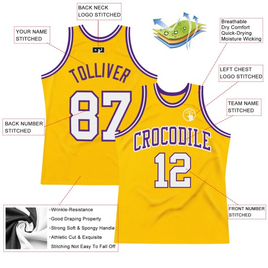 Throwback Custom White-Purple Authentic Basketball Jersey Gold