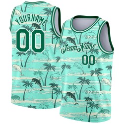 3D Palm Trees Hawaii Pattern Tropical Teal Jersey Custom Basketball Kelly Authentic Green-White