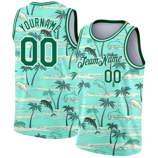 3D Palm Trees Hawaii Pattern Tropical Teal Jersey Custom Basketball Kelly Authentic Green-White 3D Palm Trees Hawaii Pattern Tropical Teal Jersey Custom Basketball Kelly Authentic Green-White