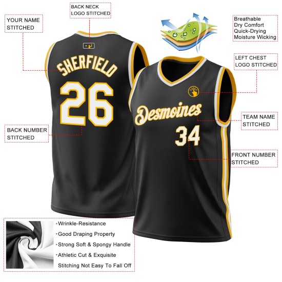 Basketball Authentic Black White-Gold Throwback Custom Jersey