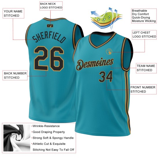 Basketball Throwback Black-Old Authentic Gold Custom Teal Jersey