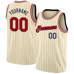 Custom Basketball Pinstripe Red-Black Authentic Navy Cream Jersey