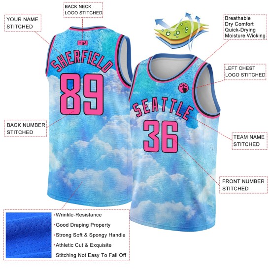 Custom 3D Pink-Black Jersey Sky Pattern Style Sky With Clouds Basketball Authentic Design Watercolor Blue Custom 3D Pink-Black Jersey Sky Pattern Style Sky With Clouds Basketball Authentic Design Watercolor Blue