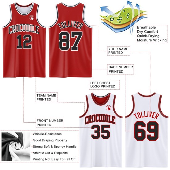 Basketball Red Custom Sublimation Suit Side Black-White Reversible Double Jersey