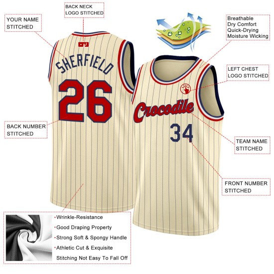 Custom Basketball Pinstripe Red-Black Authentic Navy Cream Jersey Custom Basketball Pinstripe Red-Black Authentic Navy Cream Jersey